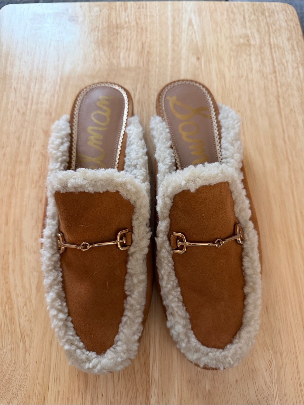 Sam Edelman Tan Suede Mule Loafers with Cream Faux-Shearling Trim